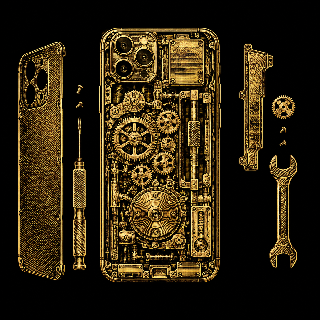 Gravura dourada de um celular aberto revelando engrenagens, chaves e ferramentas