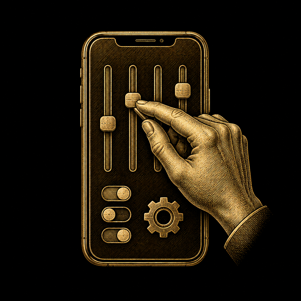 Gravura dourada de uma mão ajustando controles e opções em um celular