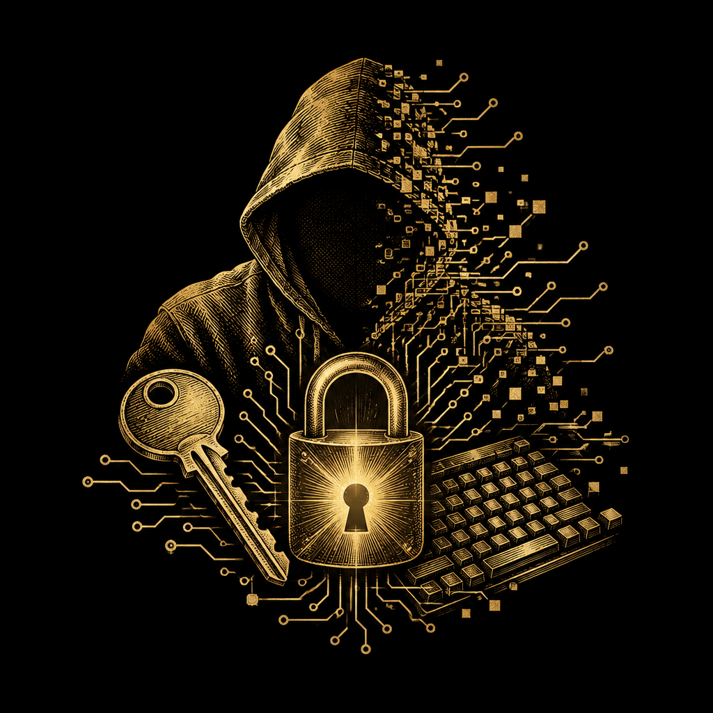 Gravura dourada de um hacker encapuzado dissolvendo em circuitos, com chave e cadeado